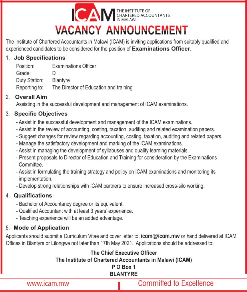 Vacancy Announcement Institute of Chartered Accountants in Malawi